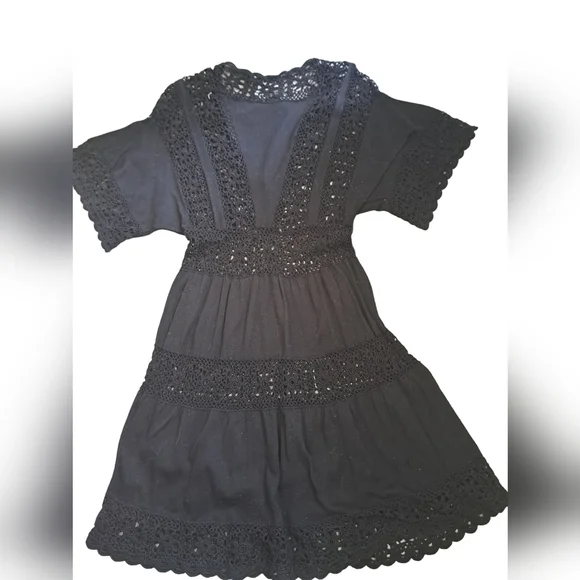 NANETTE LEPORE black cotton crochet knit cut out short sleeve cover up dress M - Picture 2 of 10